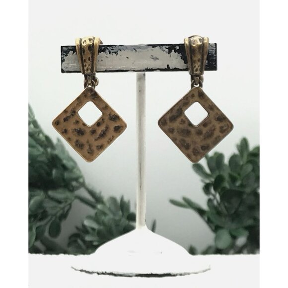 Vintage Hammered Square Brass Dangle Earrings With Cutout Design clip on by Prem - Picture 4 of 5